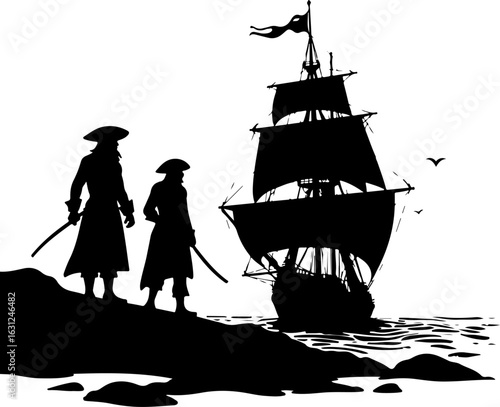 pirate ship silhouette vector illustration, ship, boat, sail, sailboat, pirate, sea, vector, nautical, sailing, old, galleon, travel, vessel, silhouette, illustration, model, ocean, yacht, cruise, mas
