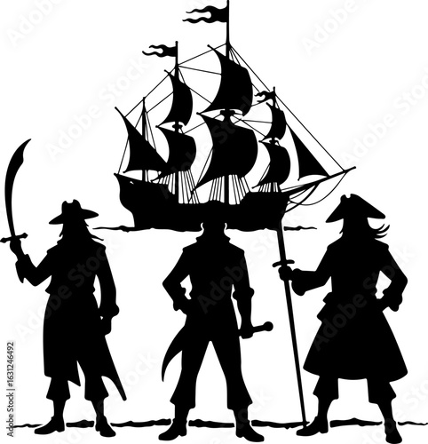 pirate ship silhouette vector illustration, ship, boat, sail, sailboat, pirate, sea, vector, nautical, sailing, old, galleon, travel, vessel, silhouette, illustration, model, ocean, yacht, cruise, mas