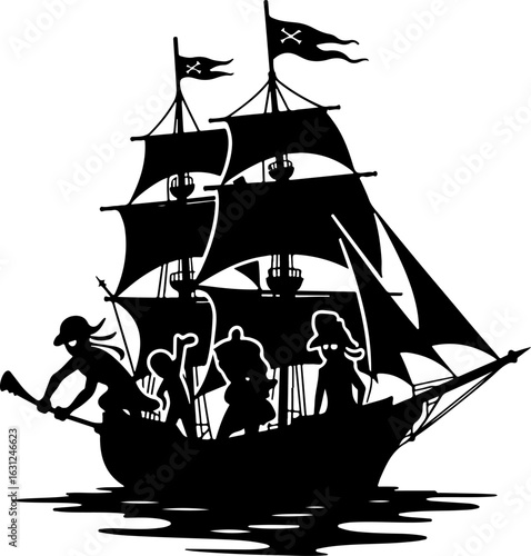 pirate ship silhouette vector illustration, ship, boat, sail, sailboat, pirate, sea, vector, nautical, sailing, old, galleon, travel, vessel, silhouette, illustration, model, ocean, yacht, cruise, mas