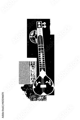 Vector sitar with abstract shapes.