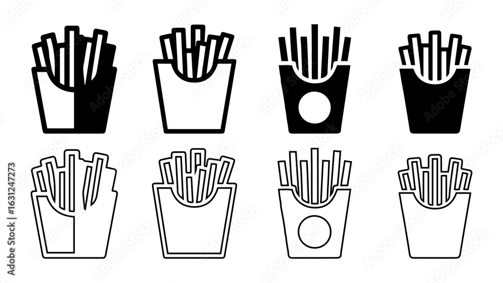 French Fries Icon Set – Black and Outline Vector Design for Fast Food and Snack Concepts. French Fries Icon Set – Black and Outline Vector Design for Fast Food and Snack Concepts.