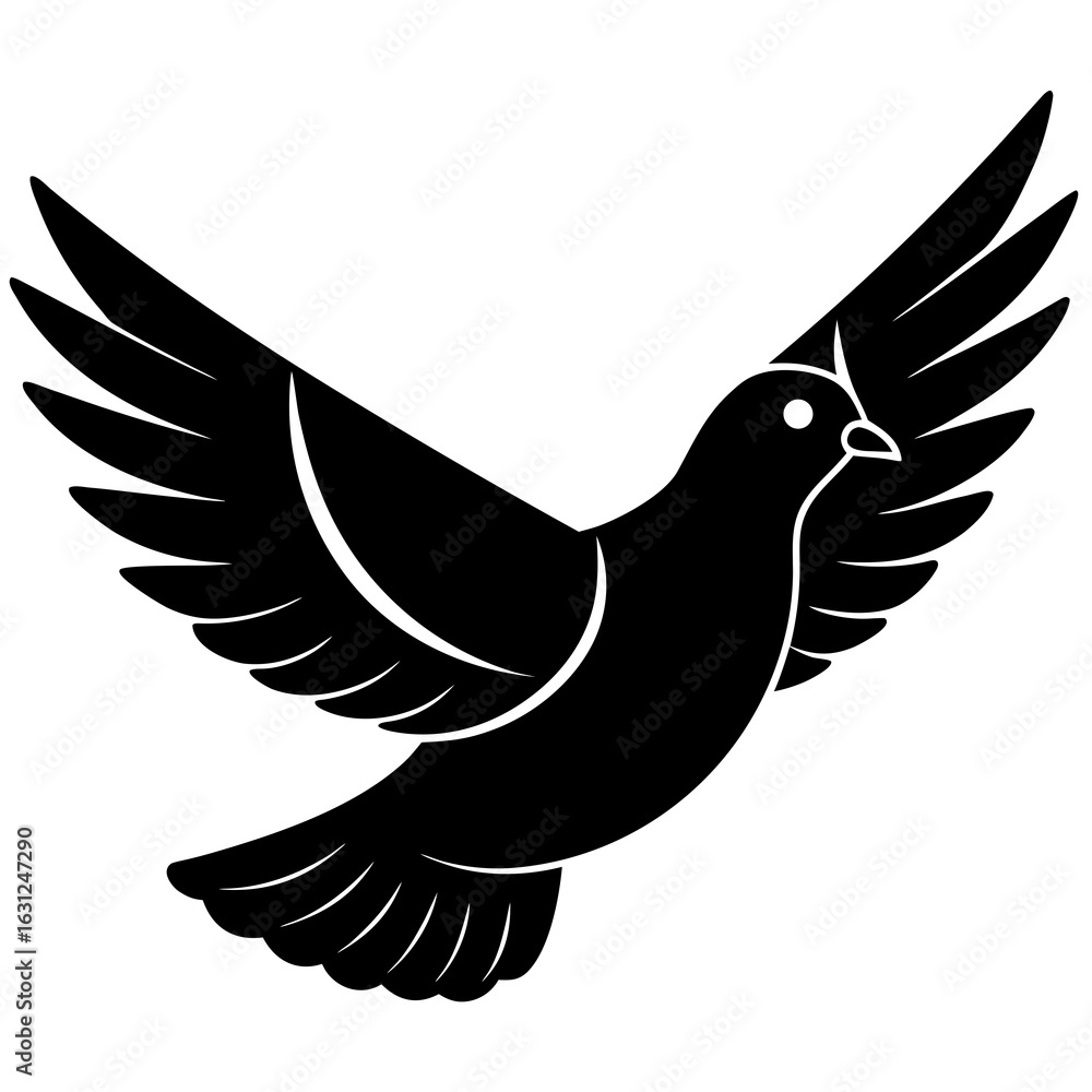 Fototapeta premium A stylized black silhouette of a dove in mid flight with its wings spread wide against a clean white background