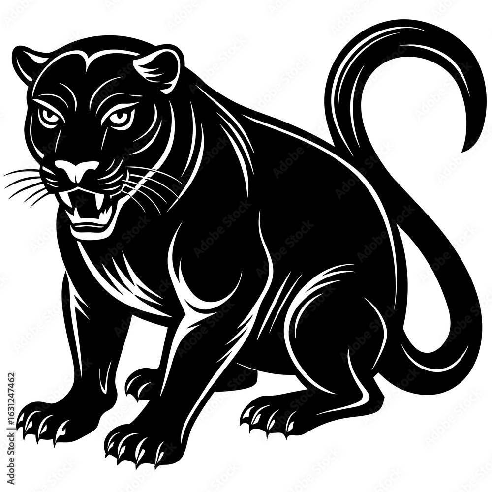Obraz premium A striking black panther illustration with sharp claws and a coiled tail depicted in a powerful stylized silhouette against a white background