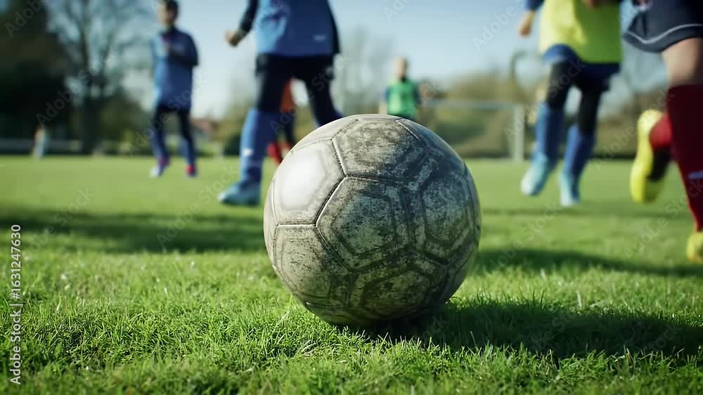 Soccer Ball On Green Grass Field With Children Running In Background On Sunny Day Soccer Ball On Green Grass Field With Children Running In Background On Sunny Day