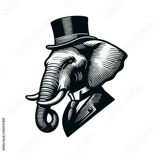 Elephant Head Wearing Top Hat and Suit Illustration
