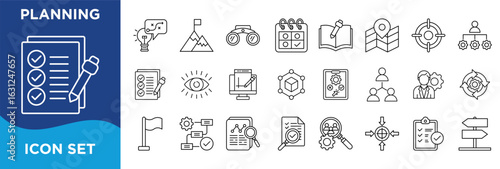 planning icon collection set. Containing strategy,goals,forecast,schedule,agenda,roadmap,blueprint,objectives,timeline,organization icon. Simple line vector.
