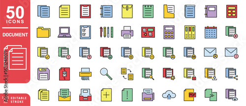 Document Line Colored Icons. Editable Stroke. For Mobile and Web. Contains such icons as Document, File, Resume, File Search, downloading