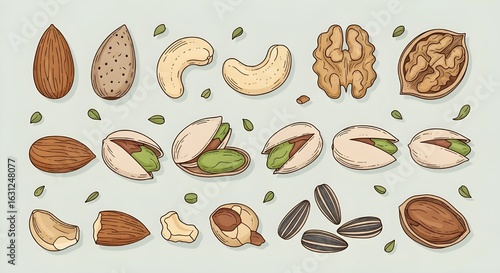 Hand-Drawn Nut and Seed Vector Set for Snack Packaging