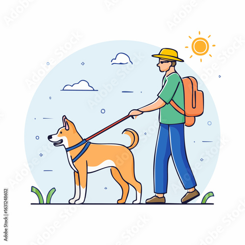 Icon of a service dog guiding a blind person, vector outline, inclusive minimal design