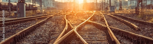 Railroad tracks diverging at a sunlit junction