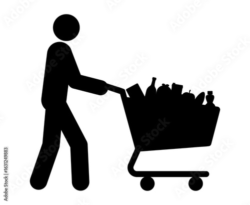 Icon of a Person pushing a shopping cart laden with items