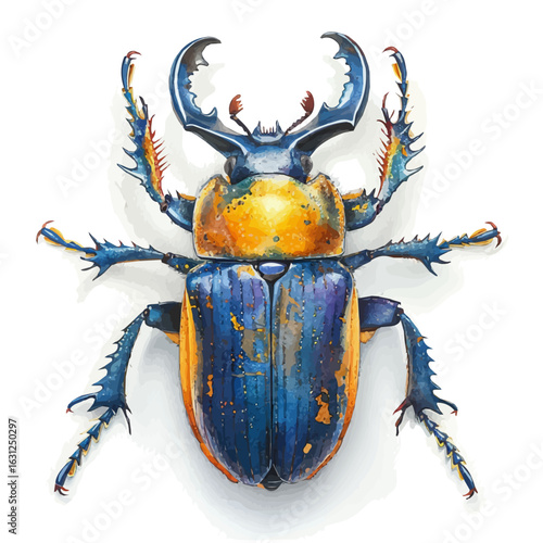 Stag Beetle, watercolor drawing vector, isolated on a white background.