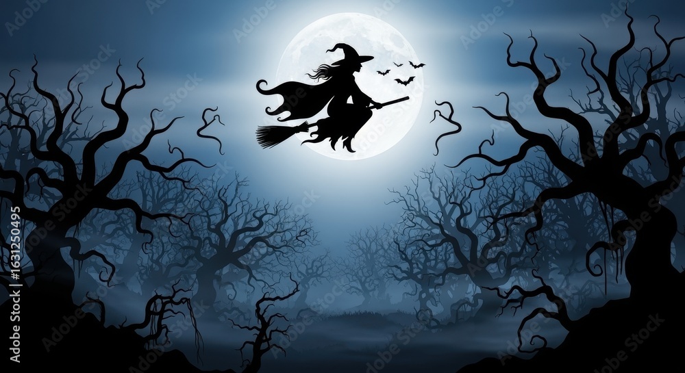 Fototapeta premium Enchanting Halloween Flight: A silhouetted witch on a broom soars across a moonlit sky, flanked by bare, eerie trees, setting a spooky and magical Halloween atmosphere.