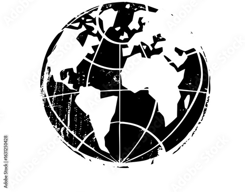 Vector Black and white globe with continental outlines.