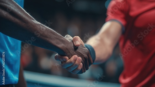 Sportsmanship Handshake: A close-up image captures the moment of unity and mutual respect between two athletes, sealed with a firm handshake, showcasing the core of sportsmanship and fair play.