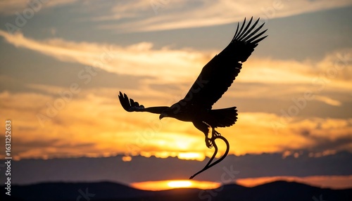 Silhouette of an eagle in flight against a colorful sunset sky, carrying a snake in its talons.