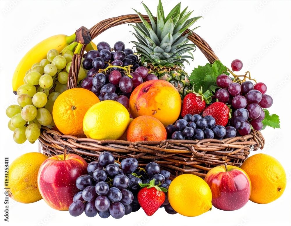 Abundant Basket of Assorted Fresh Fruits on White Backdrop with Natural Daylight and Vibrant Colors Abundant Basket of Assorted Fresh Fruits on White Backdrop with Natural Daylight and Vibrant Colors