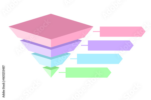 Infographic statistical hierarchical illustration of purple with green with blue and pink triangles divided , Inverted pyramid shape made of four layers for presenting business ideas or disparity