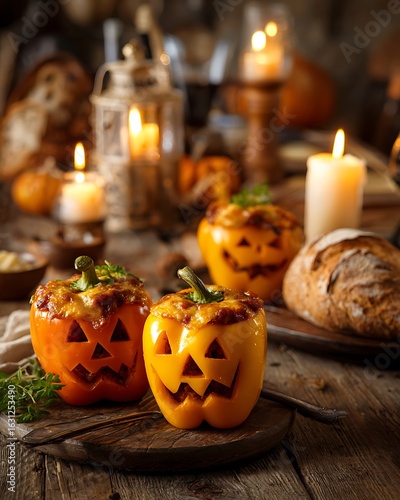Festive halloween dinner mockup, stuffed peppers carved as jack-oâ€™-lanterns, rustic wood table with bread and candles, blank space for text overlay