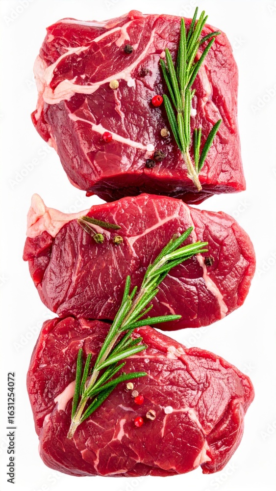 Obraz premium Stacked Fresh Red Raw Beef Steaks with Rosemary and Pepper on White Background