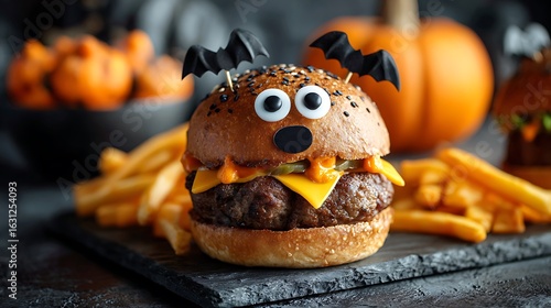 Monster burger close-up, halloween party food with spooky face decorations, pumpkins and fries nearby, blank space for writing
