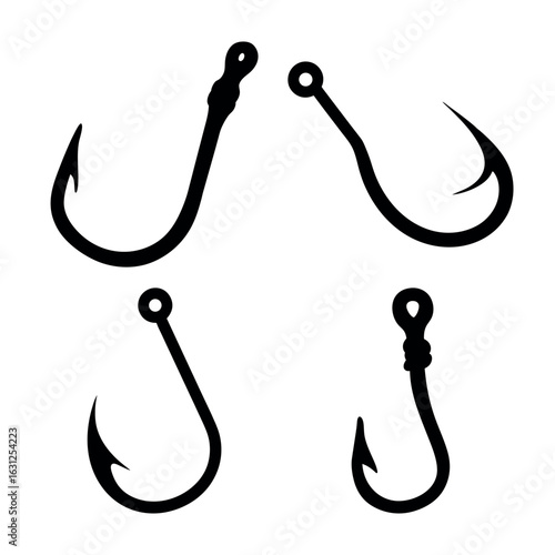 fishing hook silhouette vector set, fishing hook black icon bundle