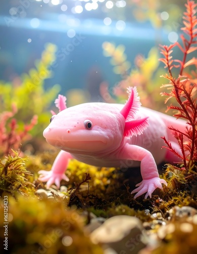 A pink axolotl rests on mossy ground in an aquarium, surrounded by aquatic plants and bubbles.