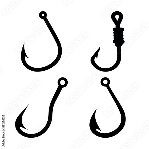 fishing hook silhouette vector set, fishing hook black icon bundle
