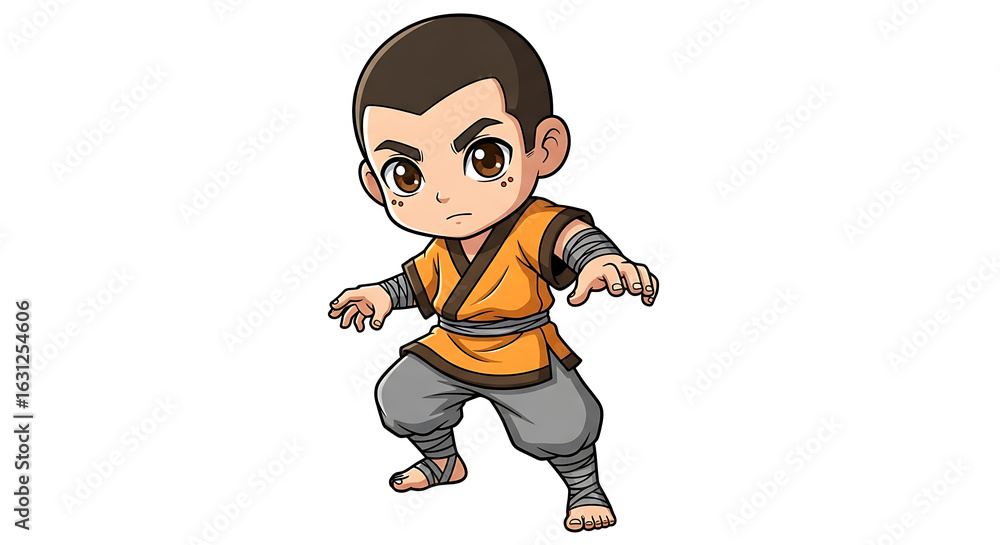 Obraz premium Chibi-style illustration of a Shaolin Monk in a dynamic fighting stance perfect for various