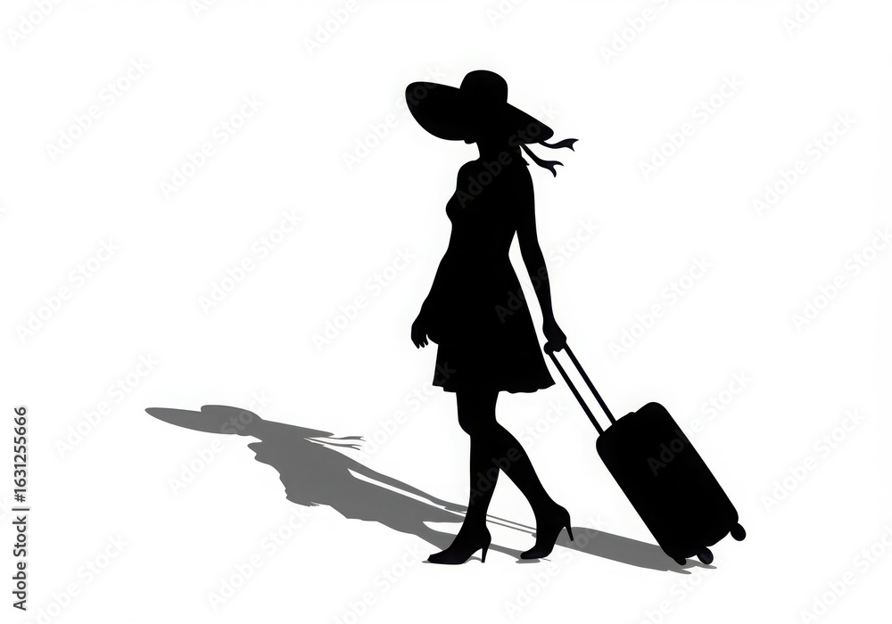 Fototapeta premium Silhouette of a stylish woman with a suitcase and hat