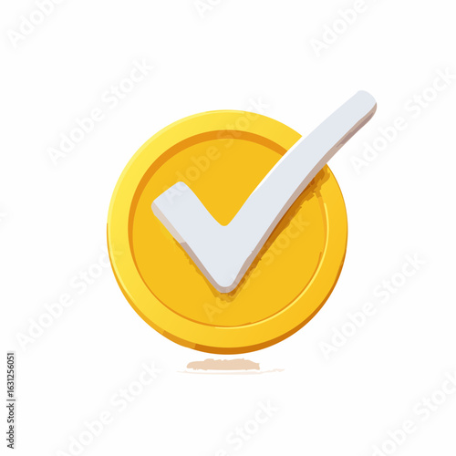 A vibrant yellow, three-dimensional checkmark icon inside a circle, representing correctness, success, approval, completion, and positive feedback in a clean, modern design.