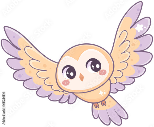 A cute, cartoon-style owl with large expressive eyes and colorful wings, depicted in a playful flying pose.