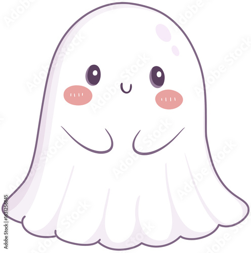 A cute, cartoon-style ghost with pink cheeks and a smiling face, featuring a flowing, wavy body shape.