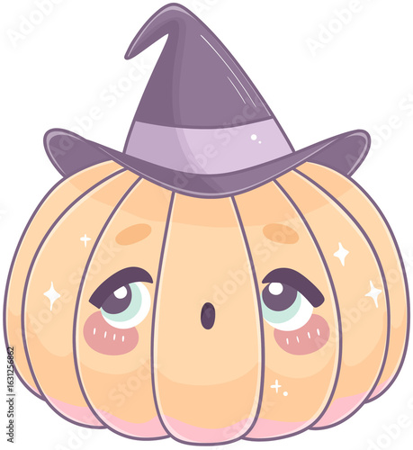 A cute, cartoon-style pumpkin wearing a witch's hat, featuring large expressive eyes and a cheerful expression.