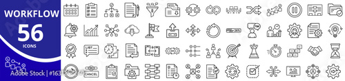 Workflow Management Icons Set thin-line vector illustration — checklist, flowchart, automation gear, calendar, target — isolated transparent background