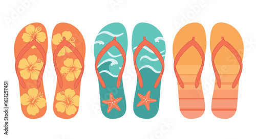 Colorful summer flip flops with hibiscus, waves, and sunset themes