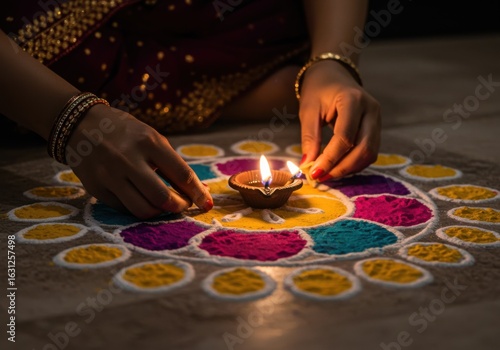 Hands lighting a diya on a colorful rangoli during diwali