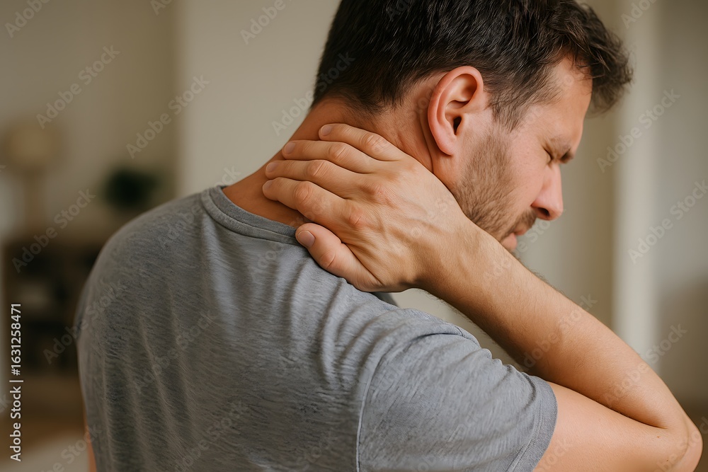 Fototapeta premium Man Experiencing Neck Pain in a Home Setting