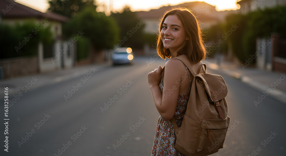 Fototapeta premium Smiling Young Woman with Backpack Walks Down Suburban Street at Sunset Looking Back