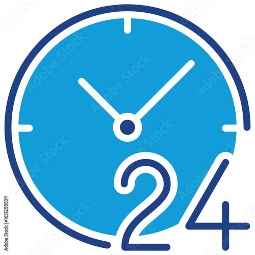 24h Service Glyph Blue Silhouette Icon Design Vector - Clock icon with “24” label indicating around-the-clock availability