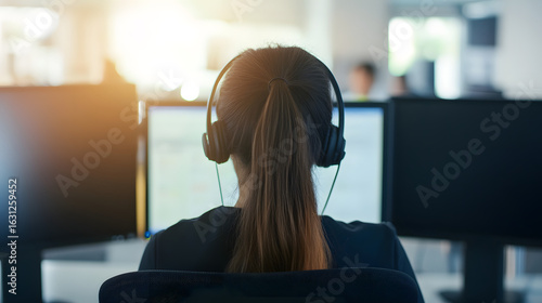 Young female call center representative with headset working at computer in modern office, focused and professional atmosphere, customer service support concept