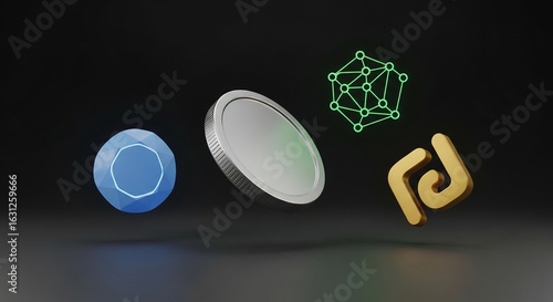 Floating Cryptocurrency Tokens:  A 3D Render of Digital Assets, Representing Decentralized Finance and Blockchain Technology in a Dark Background.