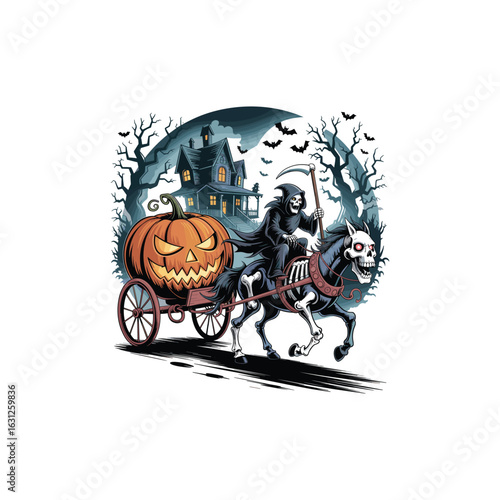 Halloween Grim Reaper Carriage with Giant Jack-o’-Lantern, Haunted House and Flying Bats Illustration

