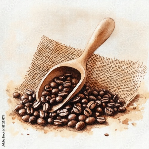 Wallpaper Mural Hand-drawn coffee beans in wooden scoop on burlap Torontodigital.ca