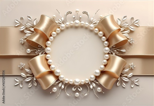 Sophisticated and elegant circular border with intricate champagne gold ribbons and delicate pearl details. A luxurious and classic frame perfect for emblems, logos, or announcements