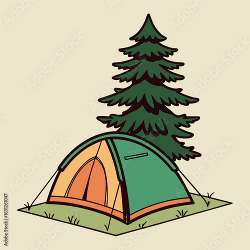 A camping tent and a tall pine tree sit together on a grassy area