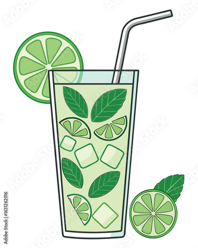Refreshing Mojito features Lime, Ice, Mint and a Straw, depicted against a Transparent Background
