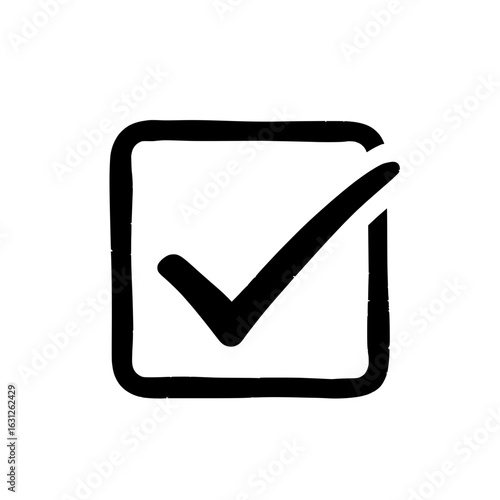 Checkmark symbol: A stark black and white depiction of a checkmark contained within a square, representing agreement, confirmation, or completion in its most basic form.