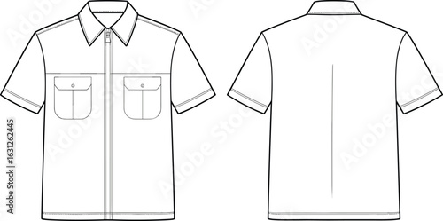 Short-sleeve shirt front and back view, technical drawing, zipper closure, collar design, flap chest pockets, button detail, center back seam, garment sketch, fashion template.