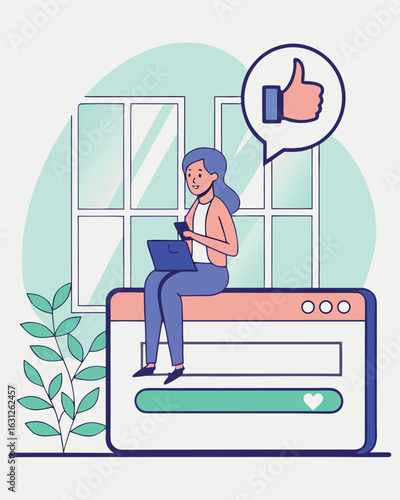 Smiling woman uses laptop while sitting atop a browser window with a thumbsup